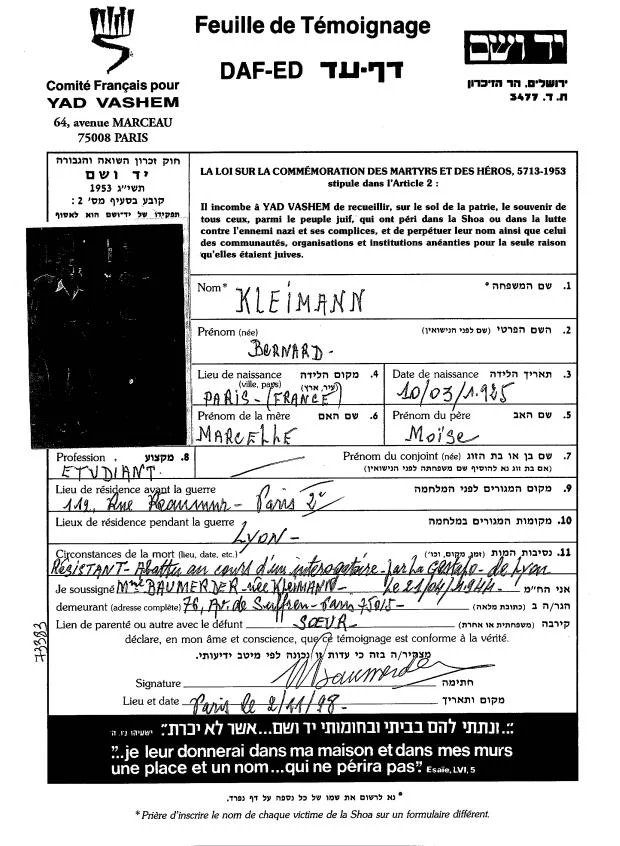 Fiche de témoignage YVS sur Bernard Kleimann