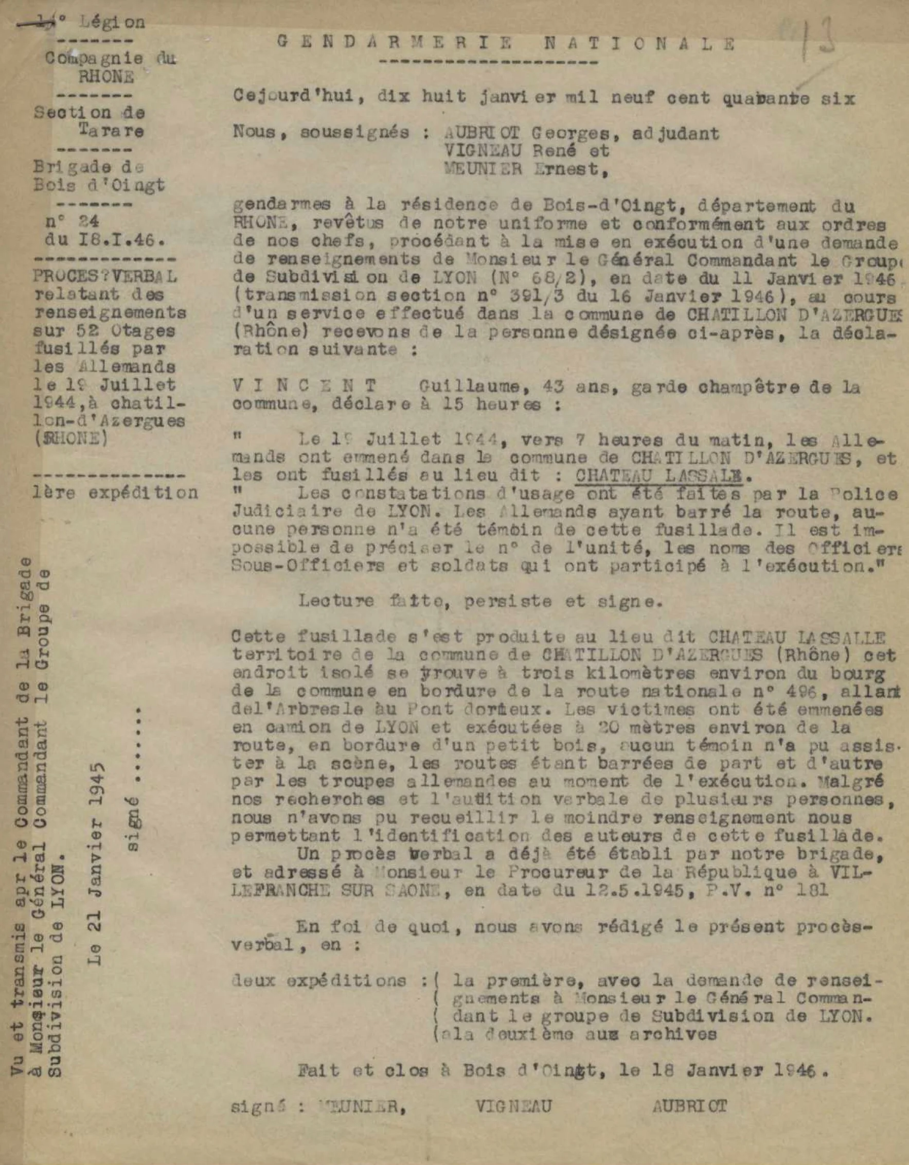 Procès verbal du 18/01/1946 sur les 52 fusillés de Chatillons d'azergues