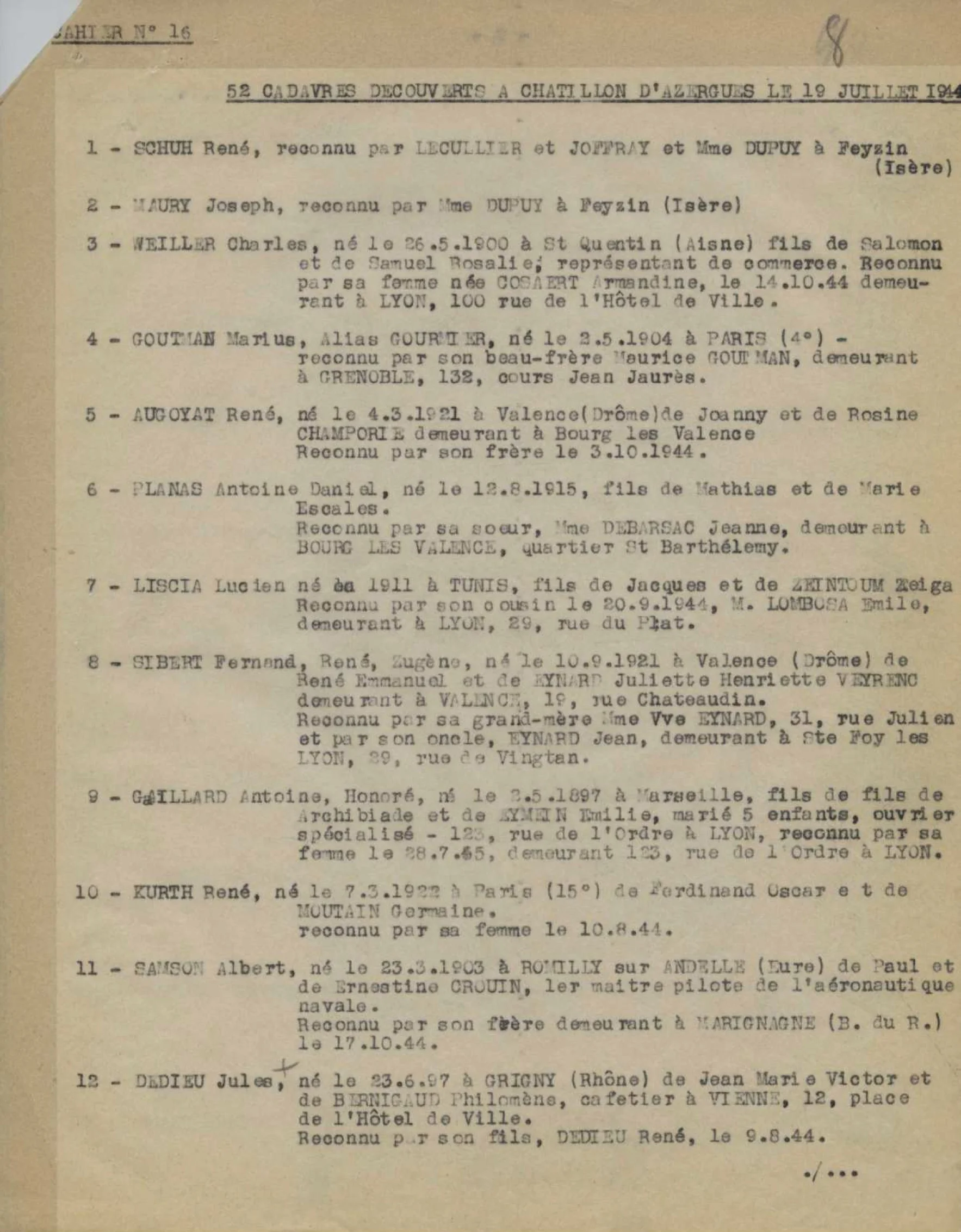 Procès verbal du 18/01/1946 sur les 52 fusillés de Chatillons d'azergues