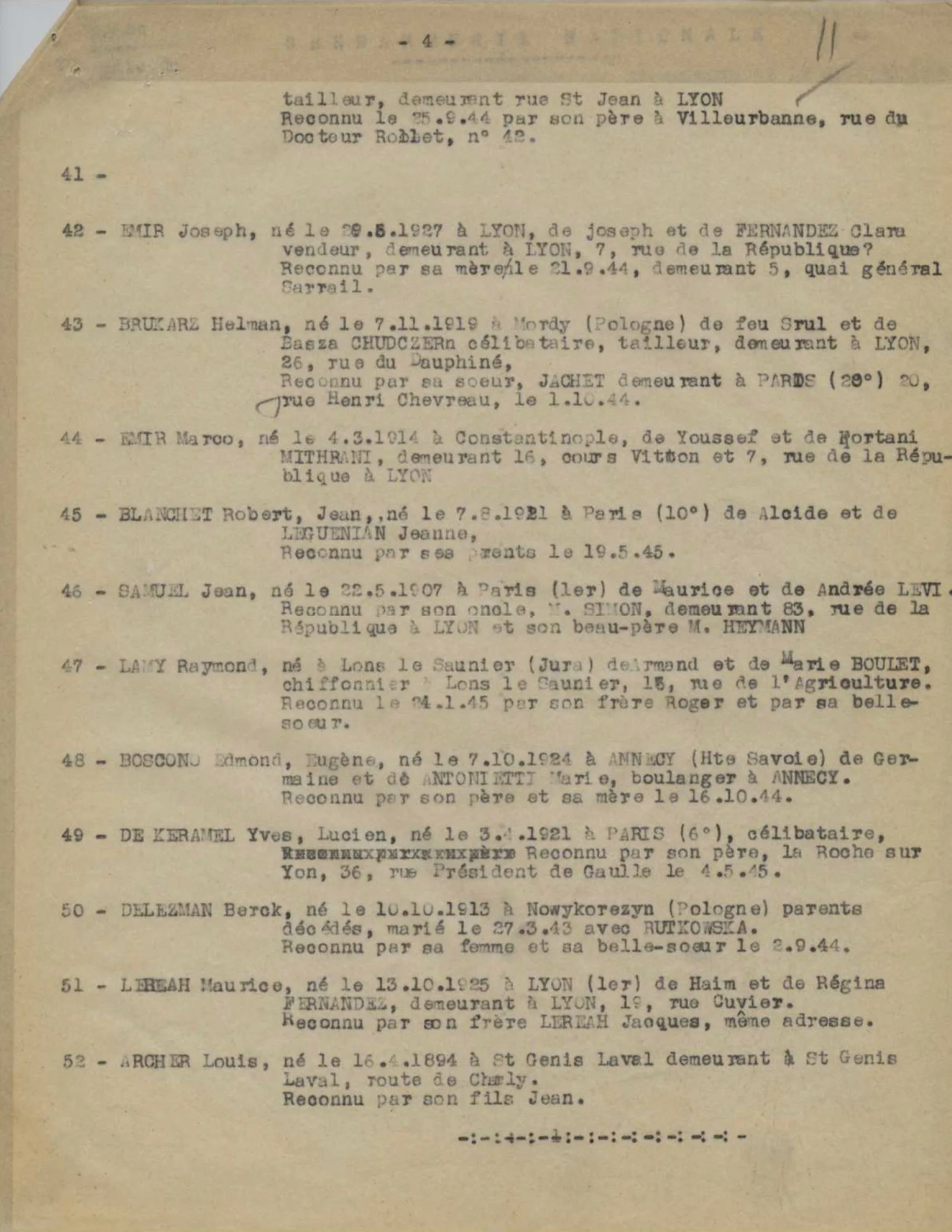 Maurice Lereah, Procès verbal du 18/01/1946 sur les 52 fusillés de Chatillons d'azergues
