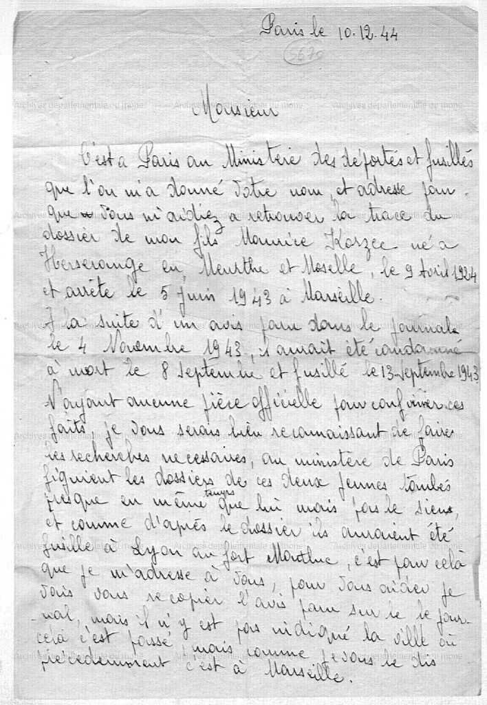 Maurice Korzec Lettre de recherche de son père Marcel