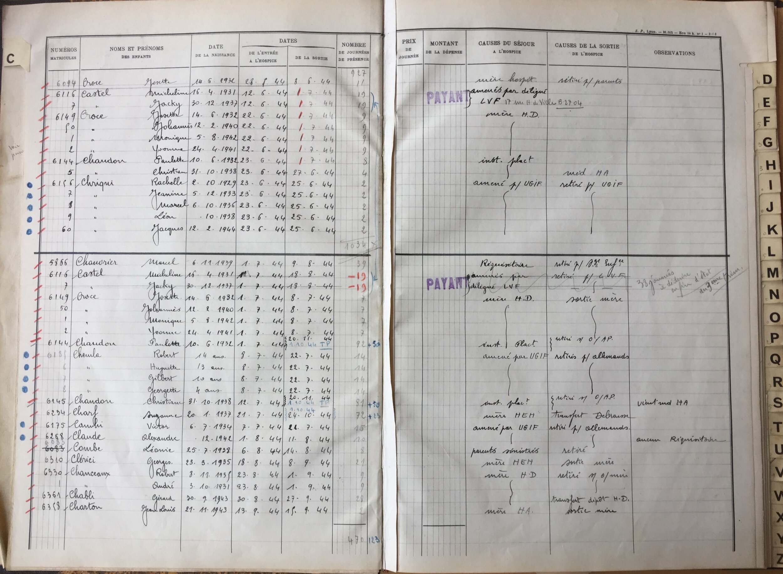 Claude Alexandre Registre des enfants internés