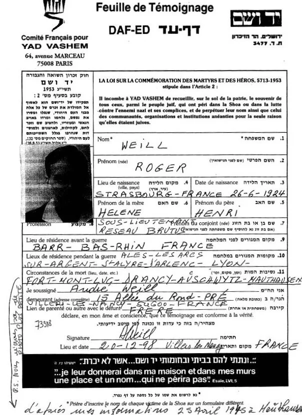Roger Weil Fiche de témoignage YVS