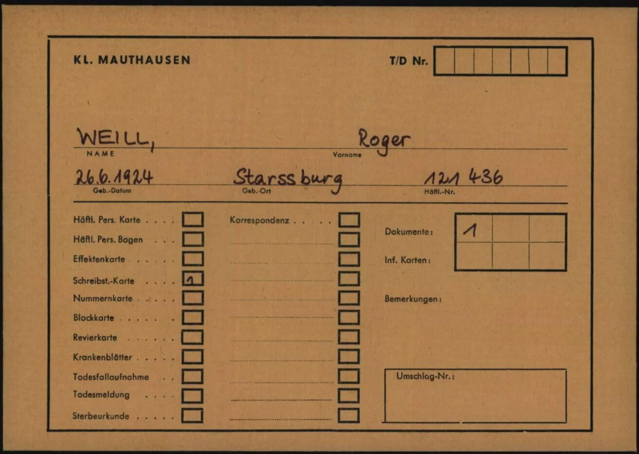 Roger Weill, Fiche de Mauthausen