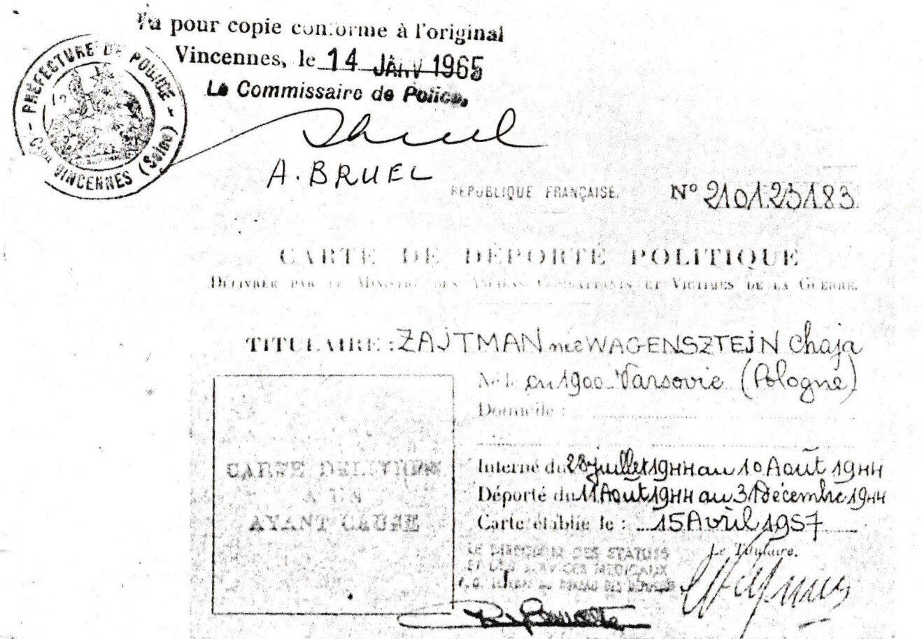 Chaja Zajtman, Carte de déportée politique pour ayant cause, établie en 1957