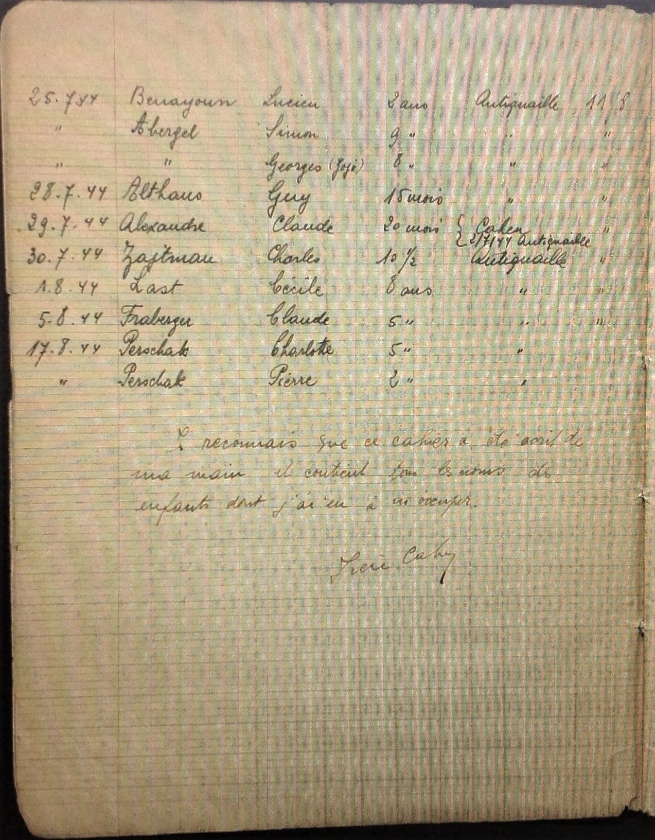 Claude Alexandre, cahier de Mme Cahen des enfants placés ou internés à l'hôpital de l' Antiquaille