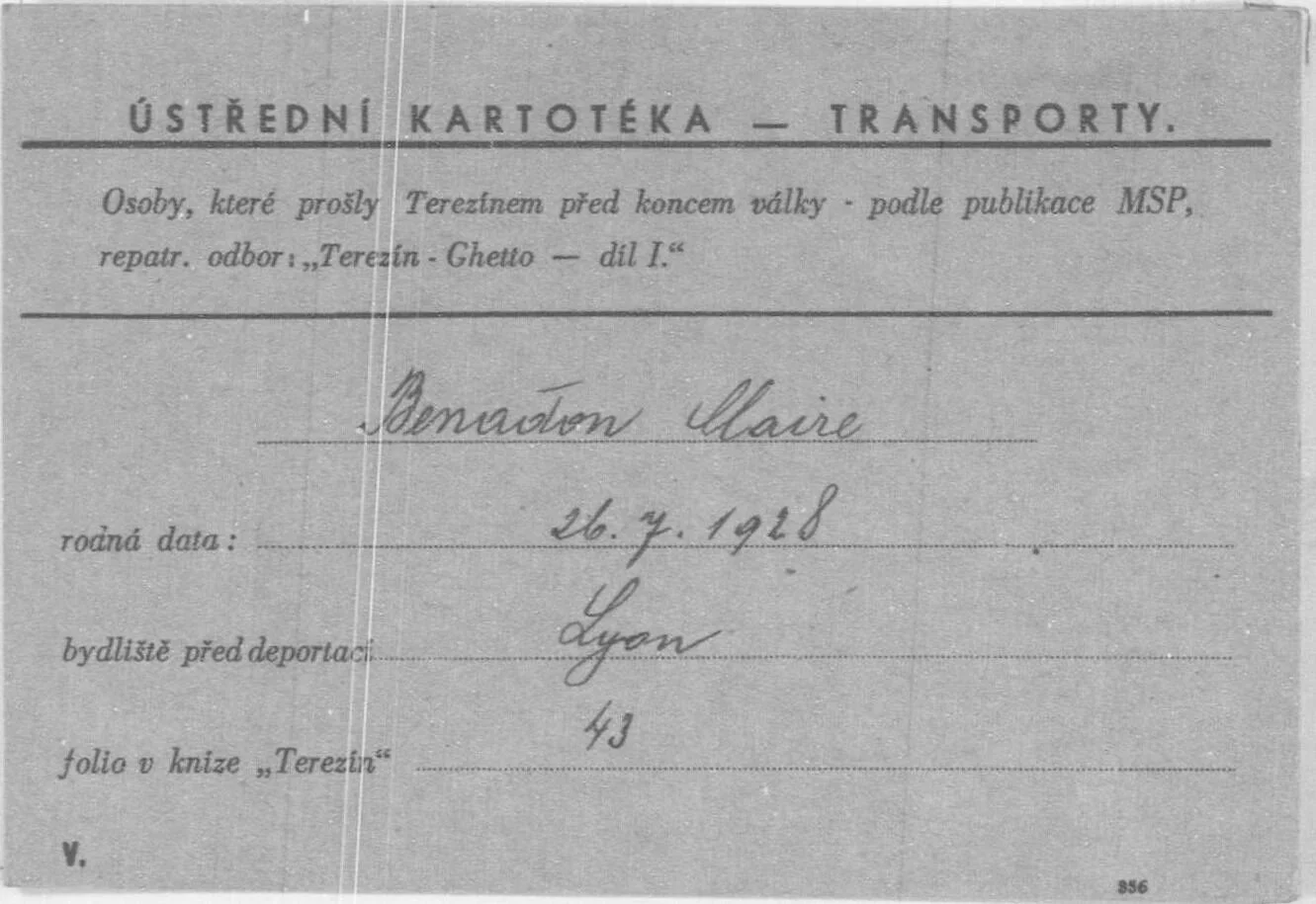 Claire Benadon, Claire Benadon, carte de transfert du Camp de Terezin