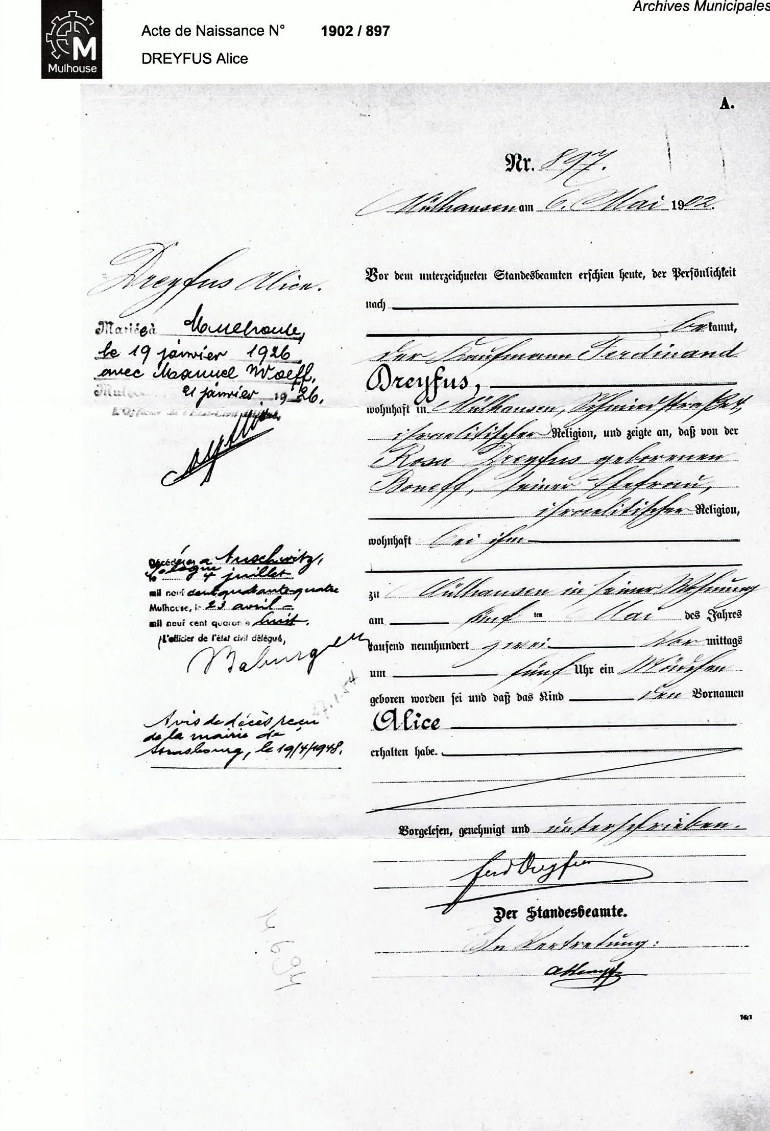 Alice Wolff née Dreyfus, acte de naissance