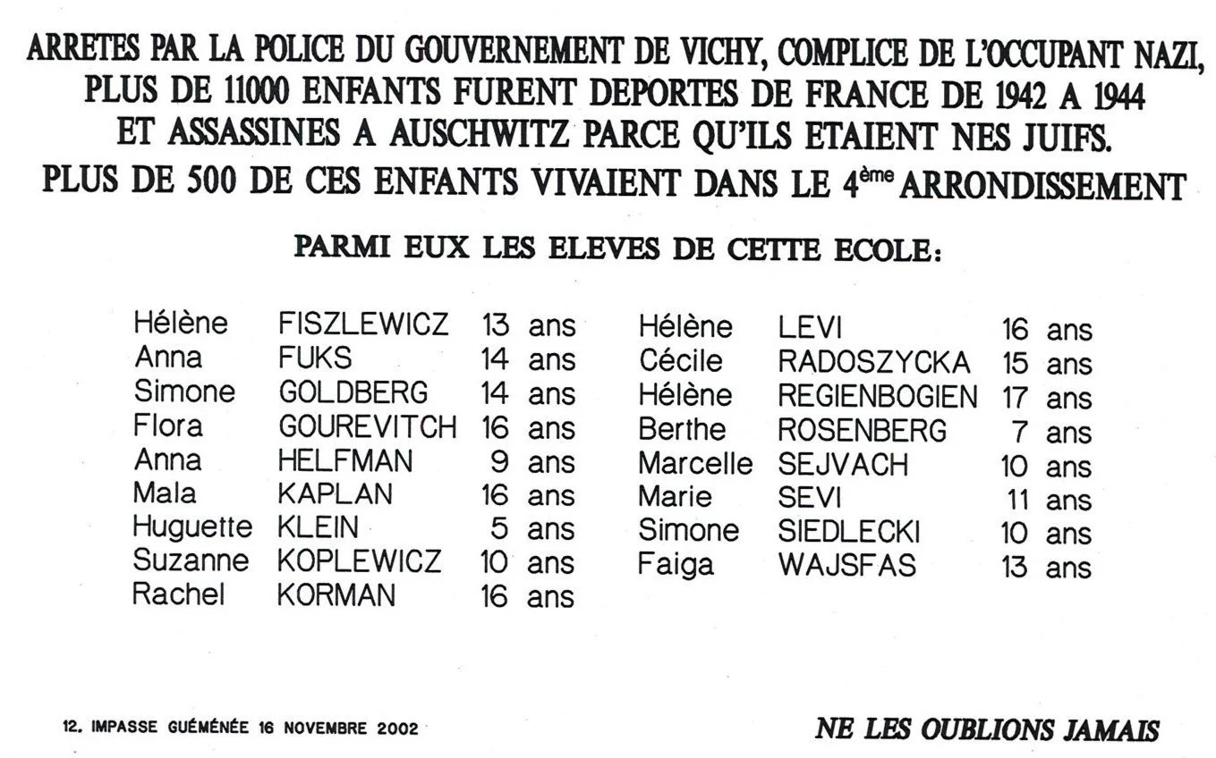 Simone Siedlecki, plaque Ecole Guéménée, Paris 4eme