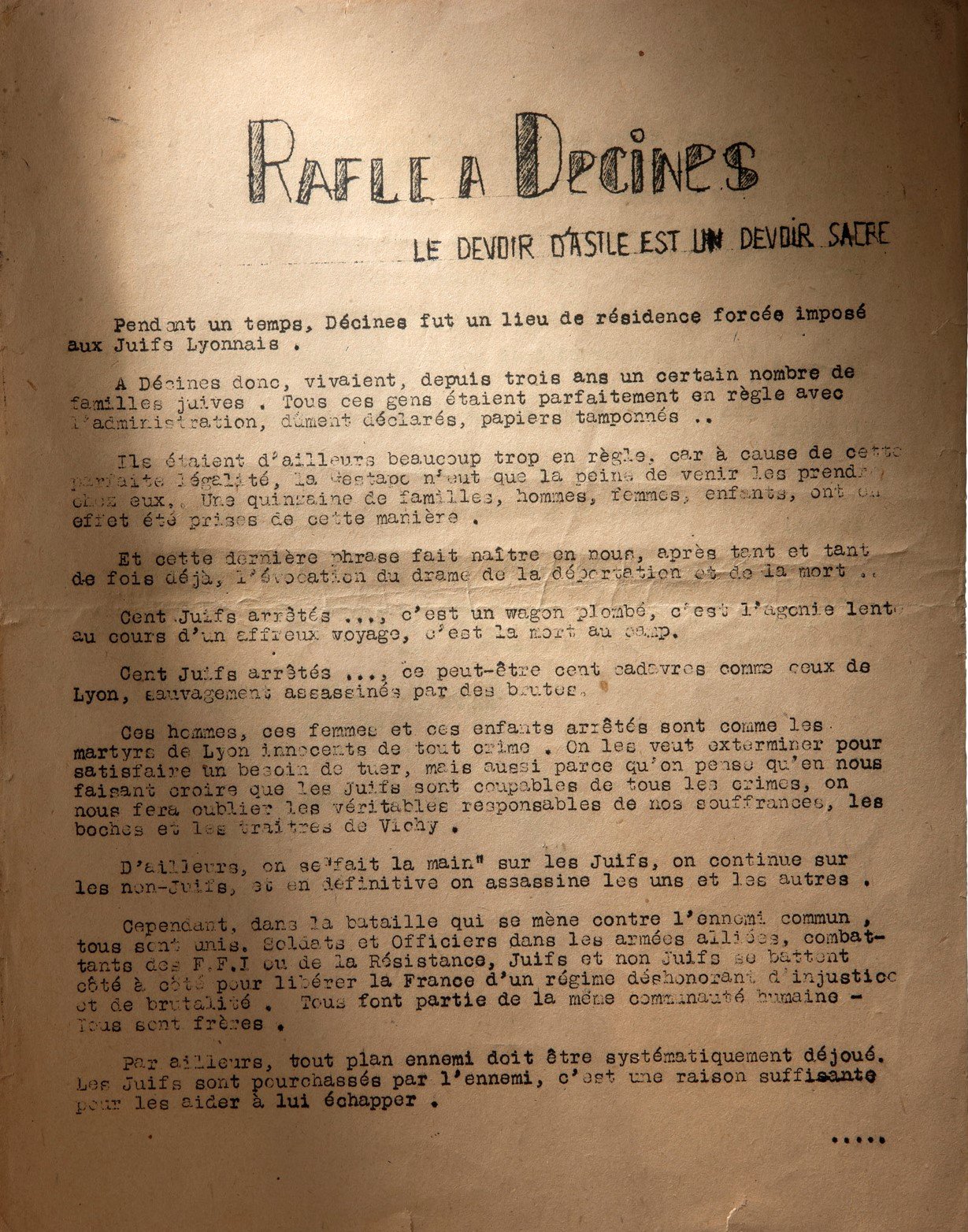 Tract d'Août 1944 du Mouvement national contre le racisme (MNCR) dénonçant la rafle de Décines du 28 juillet 1944
