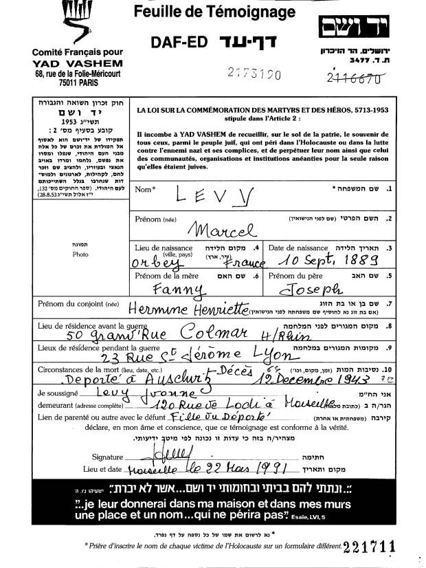 Fiche de témoignage sur Marcel Lévy