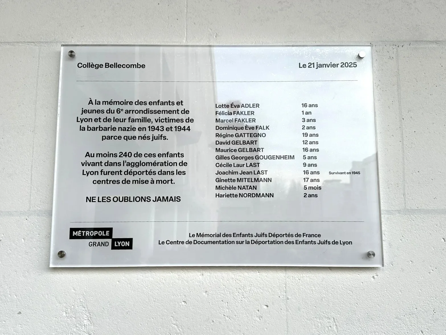 Cécile Last, plaque collège Bellecombe, Lyon
