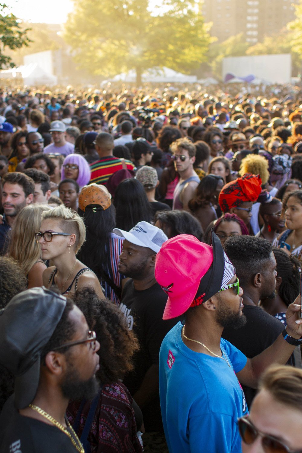 Crowd at outdoor music festival with diverse attendees, trees in background.