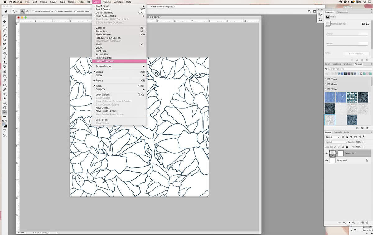 Access Pattern Preview Mode from the View Menu in Photoshop