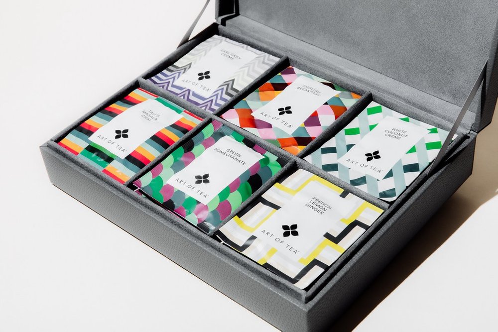 art of tea gift box with patterned tea bags