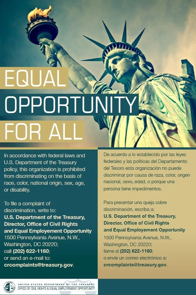 Equal Opportunity for All, To file a complaint of discrimination write to US Department of Treasury or call 2026221160