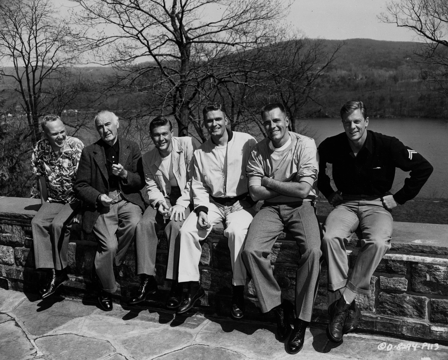  Publicity Photo, Columbia Pictures, West Point, 1954  “…HOLLYWOOD GROUP - Harry Carey, Jr., Donald Crisp, Martin Milner, Bill Leslie, Phil Carey and Peter Graves pose for the photographer against a Hudson River background while on  location….” 