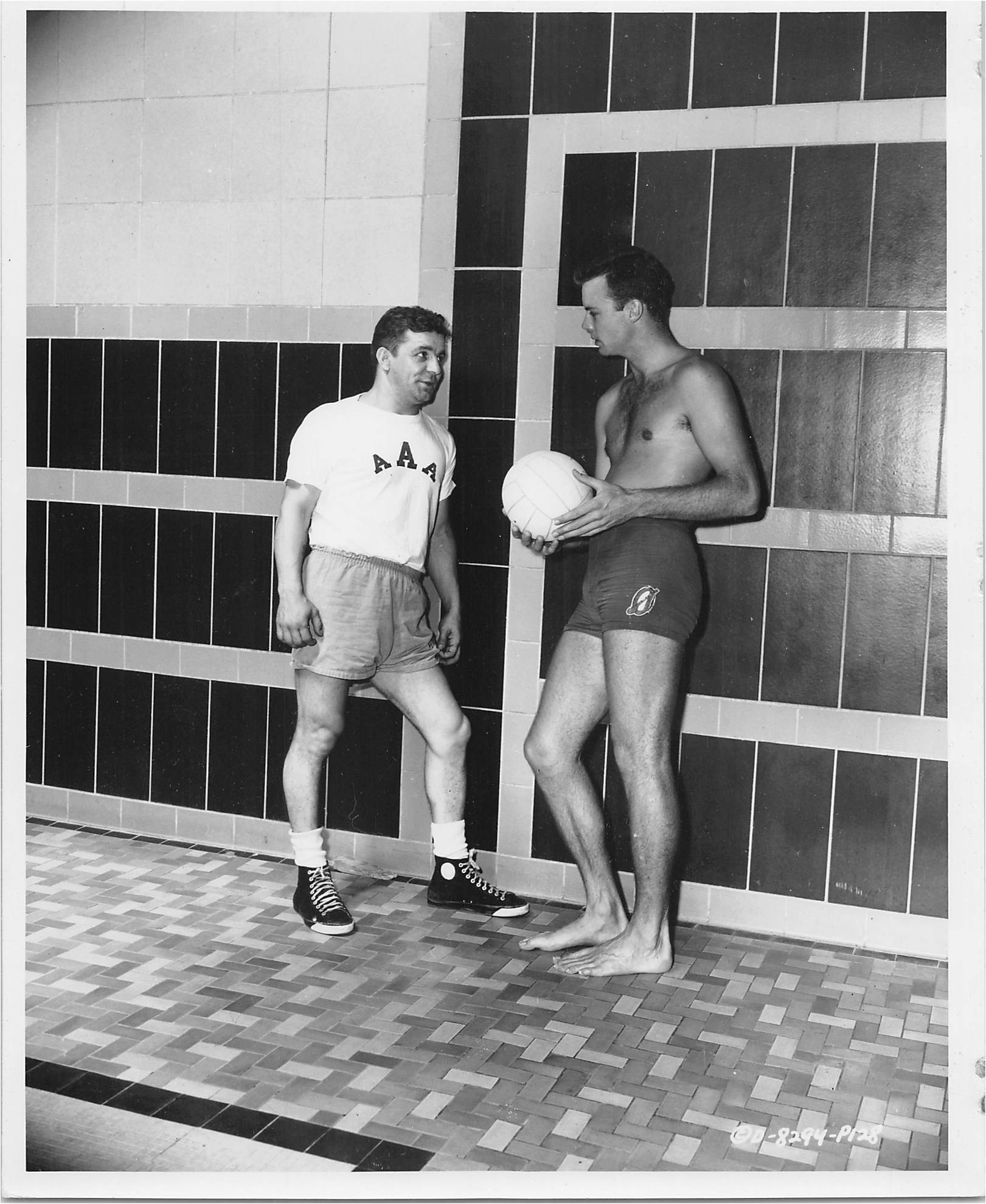  Publicity Photo, Columbia Pictures, West Point, 1954 Bob at West Point gym and swimming pool with unidentified man (swimming coach or trainer?) 