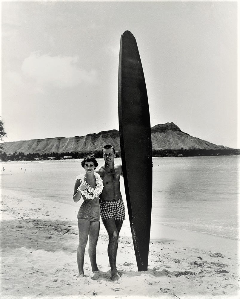  Bob and Miss Australia, Maxine Morgan, Waikiki, Ha., Summer 1953. Possibly, Morgan was returning home from the Miss Universe contest held in Long Beach, Calif. In the 1953 Miss Universe competition held July 17, 1953, Maxine Morgan of Australia was 