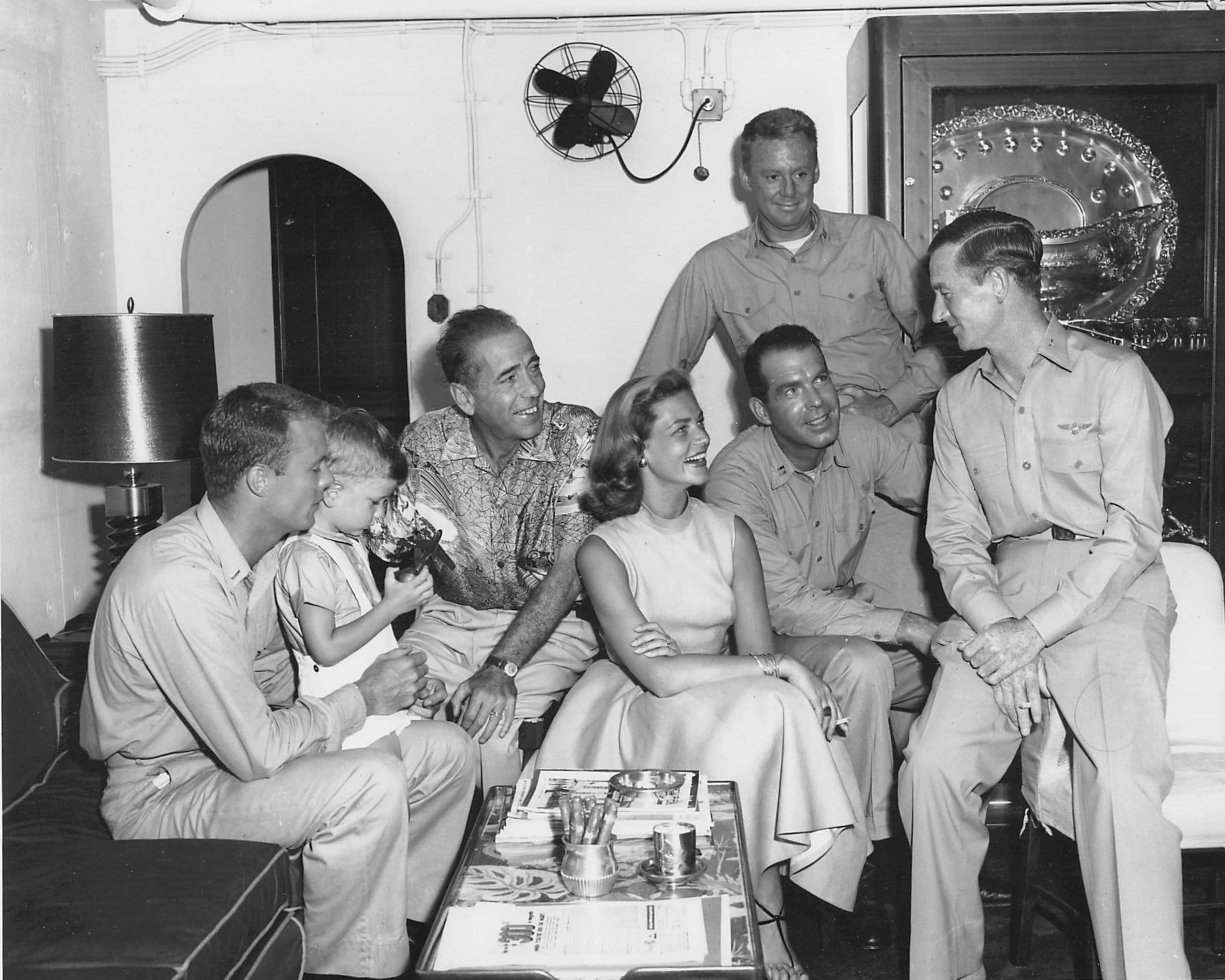  Bob, Stephen Bogart, Humphrey Bogart, Lauren Bacall (Bogart), Van Johnson, Fred MacMurray, and an unidentified military officer. Publicity Photo, Columbia Pictures, Bell (photographer). On location in Hawaii, Summer 1953.  Jose Ferrer, the other maj