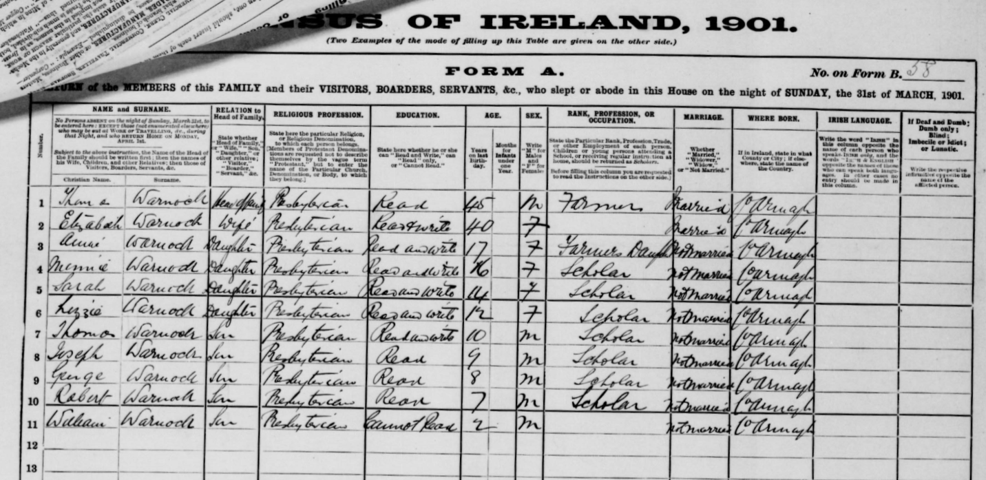 The Family of Elizabeth and Thomas Warnock  Original paper record for 1901 census. The Warnocks were Presbyterians and all had been or were being schooled in reading and writing. Thomas was a farmer. Lillian’s eldest sister, Annie, 17, evidently was