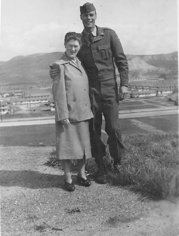  Bob at Camp Roberts, Calif., with his mother, Lillian, c. 1951-1952.  Lillian  attended the Lowell, Mass. Business College. Graduated June 23, 1908? At one point during her marriage, she worked at The Broadway department store in downtown Los Angele