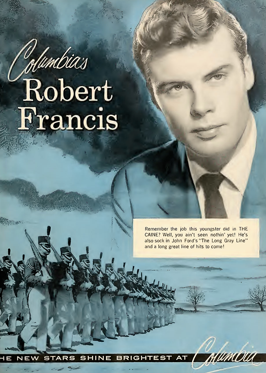  Bob was in a group of young actors in Columbia’s “class of 1954-1955,” contract players that Columbia hoped over time would join the ranks of movie stars and accomplished actors created by the Star System. During 1954 and 1955 Columbia promoted its 