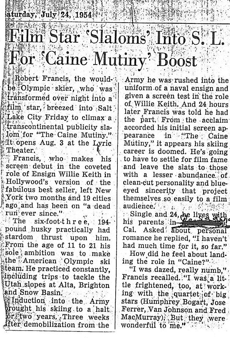  July 24, 1954   Salt Lake City was one stop on Bob’s two-months, 19 cities “transcontinental publicity slalom” personal appearance tour to promote  The Caine Mutiny..  He usually appeared prior to the opening date for the film and did advance phone 