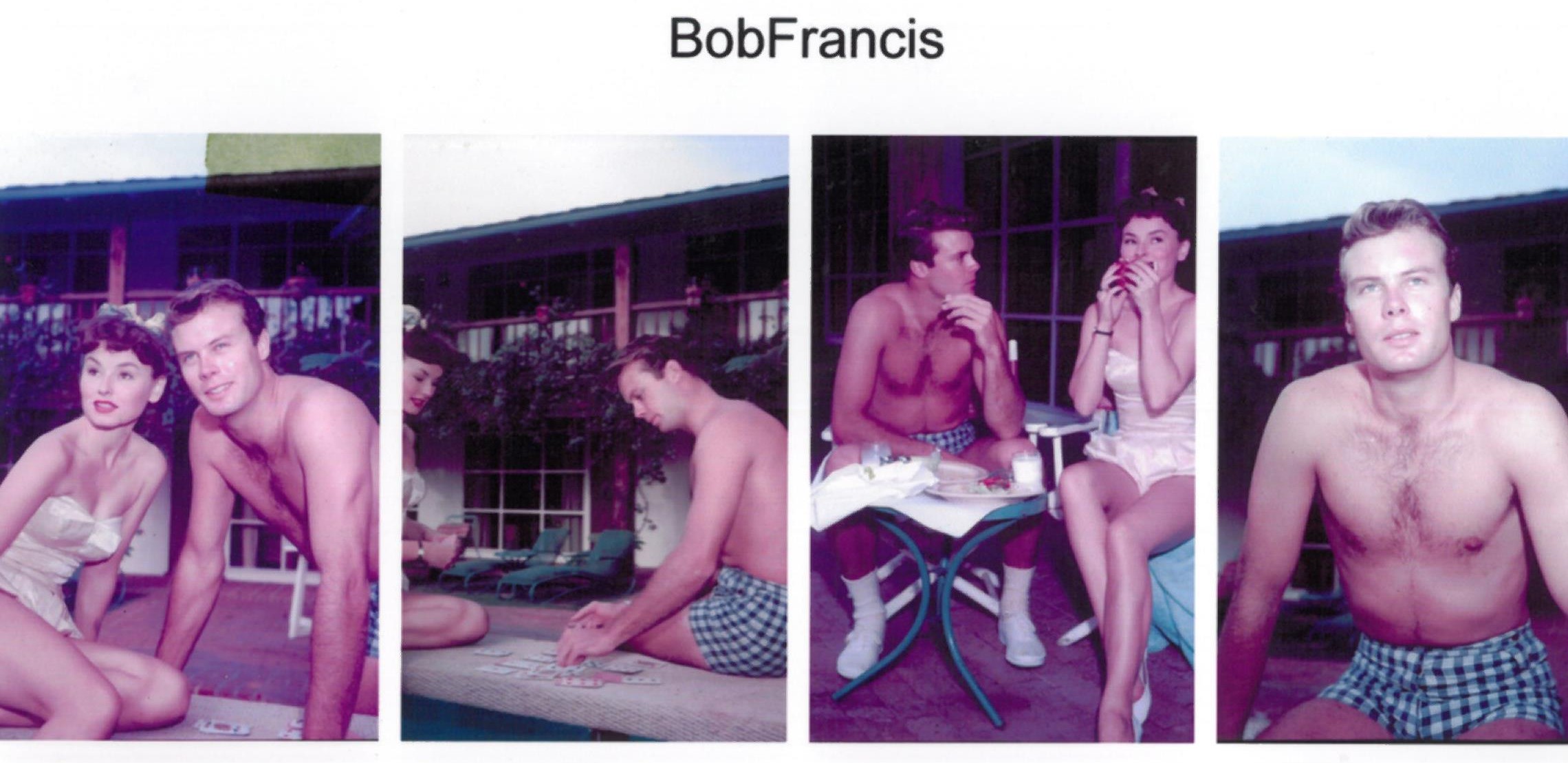  Fall 1954  Contact sheet from photo shoot with Lucy Marlow, also a Columbia contract player. Photographer: Gene Kornman. Location: Santa Inez Inn, Santa Monica, Calif. Many of these photos appear to be outtakes. Bob’s swim trunks appear in photos ma