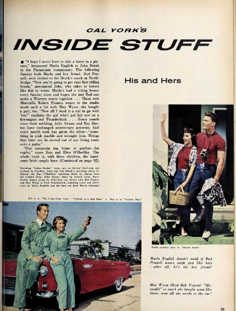   Photoplay,  Sept. 1955, on newsstands in early Aug. 1955, just a few days after Bob’s death. Photo taken Winter/Spring 1955. May Wynn has no recollection of posing for this photo with a 1955 Ford Thunderbird, the location or why they were wearing ”
