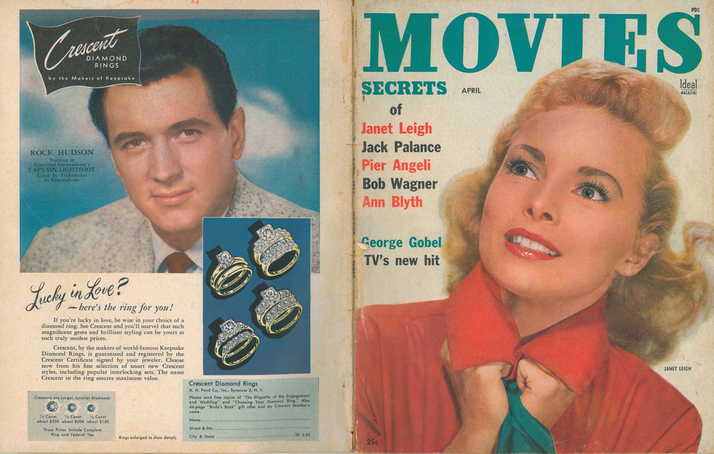   Movies , April 1955, on newsstands in early March 1955. Below: Fall 1954.  Bob was not yet “big” enough to be offered endorsement opportunities such as this one with Rock Hudson. Many such endorsements were developed by the studio publicity departm