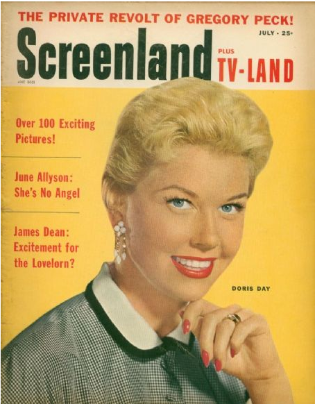   Screenland , July 1955, on newsstands in early June 1955. The photo story listed on the contents page, “Weekend with the Folks,” unavailable. Some of the photos made for that story may have also been intended for a photo story, “A Day to Loaf,” sch