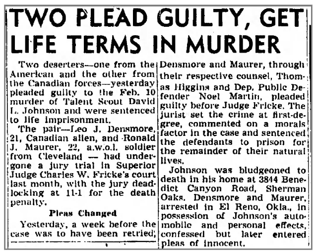 David L. Johnston's killers get life terms   Los Angeles Times , Los Angeles, Calif., July 8, 1954  Additional information about this murder case is in the Sidebars section. 