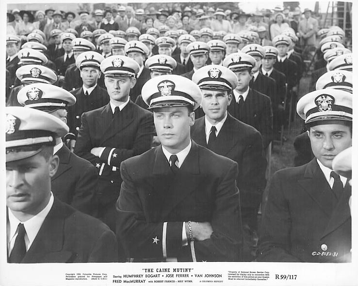   The Caine Mutiny   Filming: June 3-Aug. 24, 1953  New York Opening: June 24, 1954  Released: Sept. 1954  Bob’s first scene in film was shot at Royce Hall, University of Calif.-Los Angeles.  Below: Three photos made by Columbia Pictures, c. Fall 195