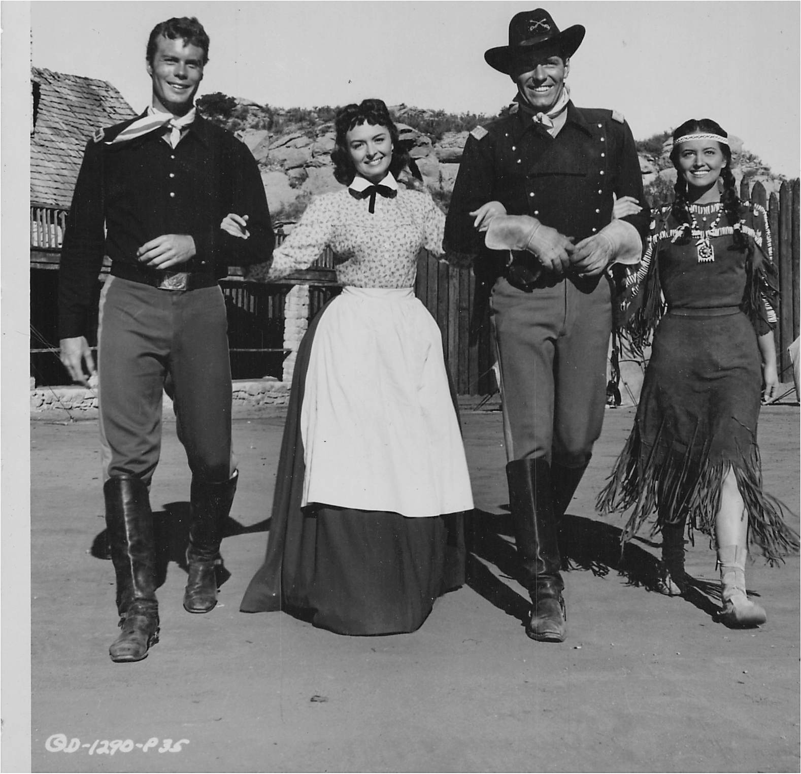   They Rode West   Filming: Nov. 17-Dec. 7, 1953  Opening: Los Angeles, Nov. 10, 1954   Promotional photo of Bob, Donna Reed, Phil Carey, May Wynn on location. Columbia Pictures   