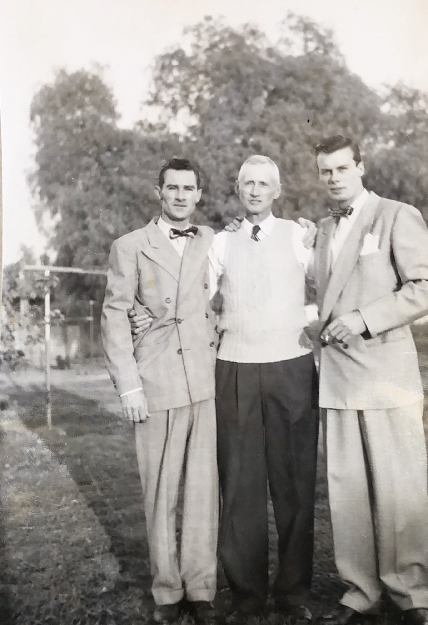  Brother Bill, Father Jim, and Bob, c. 1948-1949  Photo taken perhaps during the time (1947-1949) Bill and Bob operated a ski shop, “The Ski Cellar,” in Pasadena, and also at Mount Waterman and Big Pines ski resorts. The businesses closed after two w