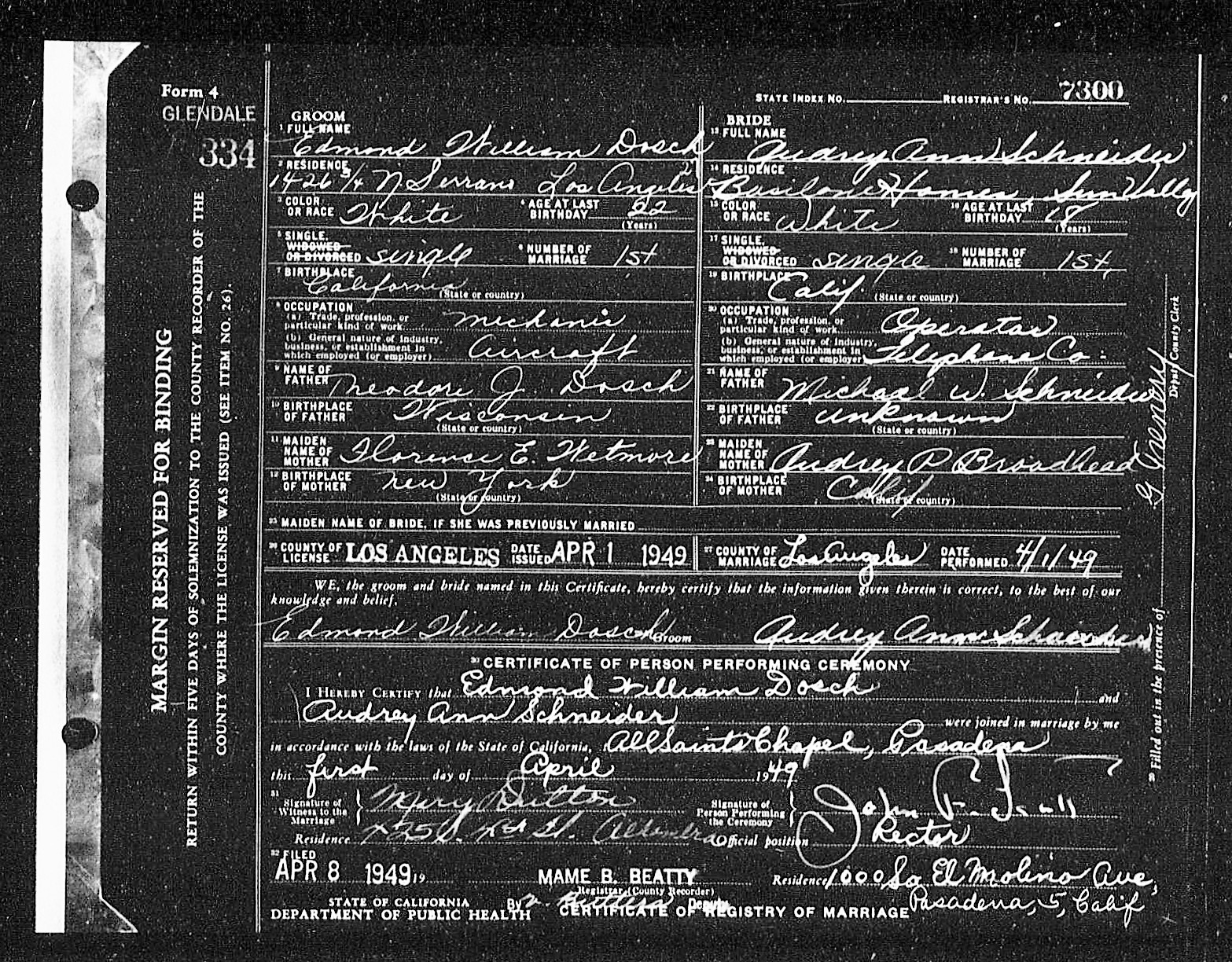  Certificate of Marriage for Audrey Ann Schneider (note spelling; not Snyder) and Edmond William Dosch  At the time of their marriage, Ann, 18, appears to be living in San Fernando Valley in military housing (see photo below) and was employed as a te