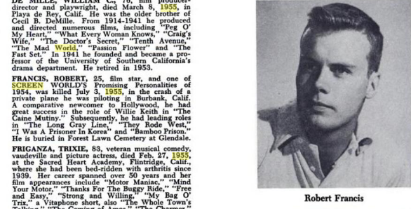  The date of death in this  Screen World  1956 obituary is incorrect. Bob died July 31, 1955, not July 3. An early title for  The Bamboo Prison  was  I Was a Prisoner in Korea .  Below: The Navy noted Bob’s death several years later in one of its pub