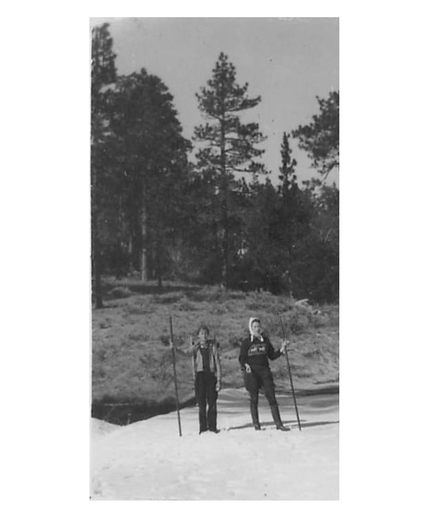  Early 1940s  Bob’s brother Bill taught him how to ski when Bob was about 11 (1941). Here he is with older sister, Lillian. Location: Perhaps Mount Baldy, formerly Camp Baynham and Camp Baldy, an unincorporated community in the San Gabriel Mountains,