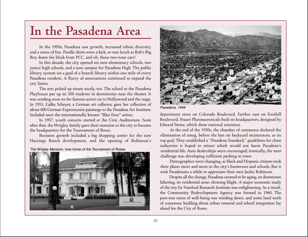  Pasadena in the 1950s  Source:  Pasadena City College A History Commissioned on the Occasion of the Seventy-fifth Anniversary , 2002. 