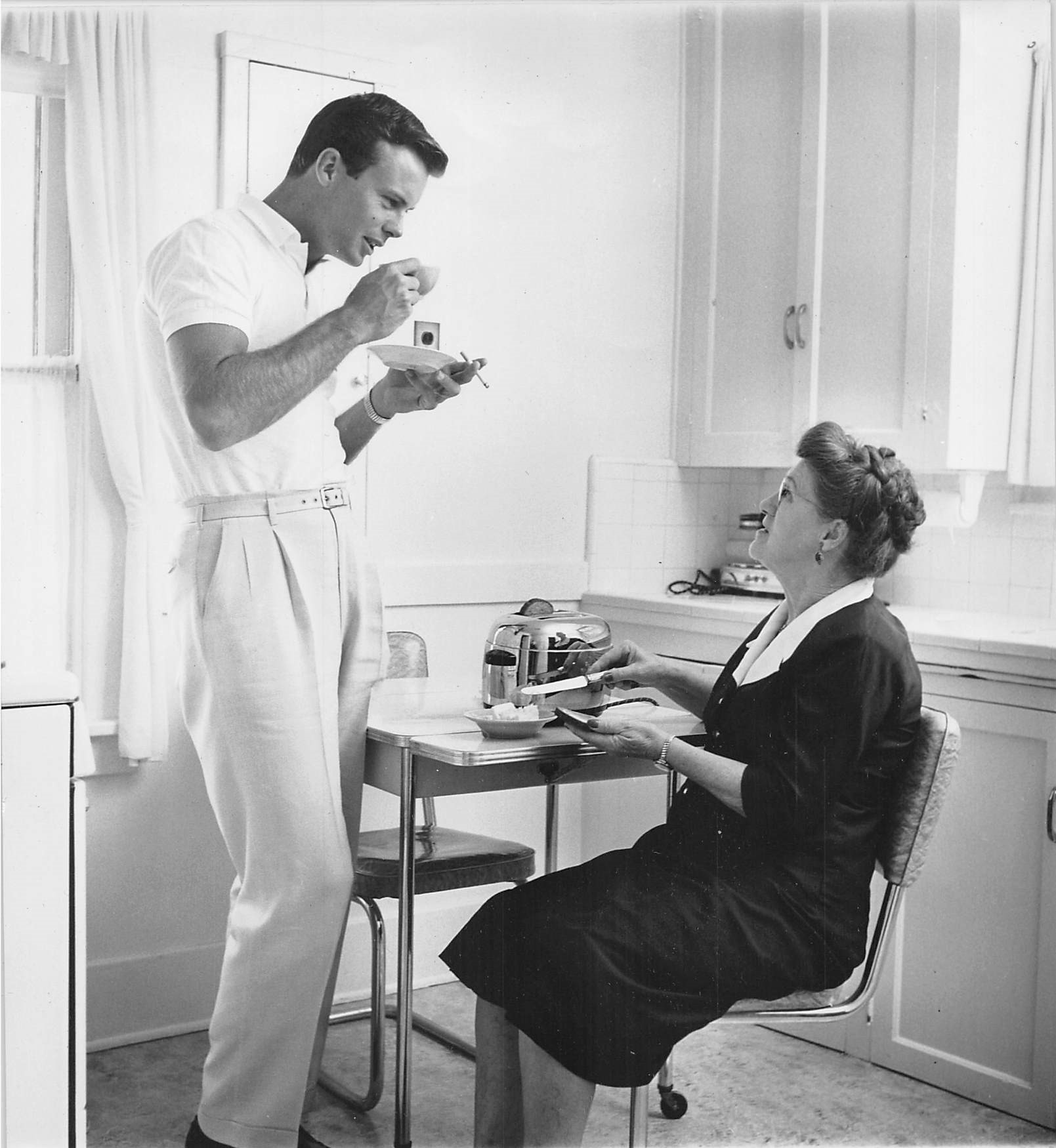  Bob and his mother, c. Jan. 1955?  Don Ornitz of Globe Photos, New York City, made this photo and several others in which Bob wears these trousers and a plain Lacoste tennis shirt with a crocodile logo embroidered on the chest.   