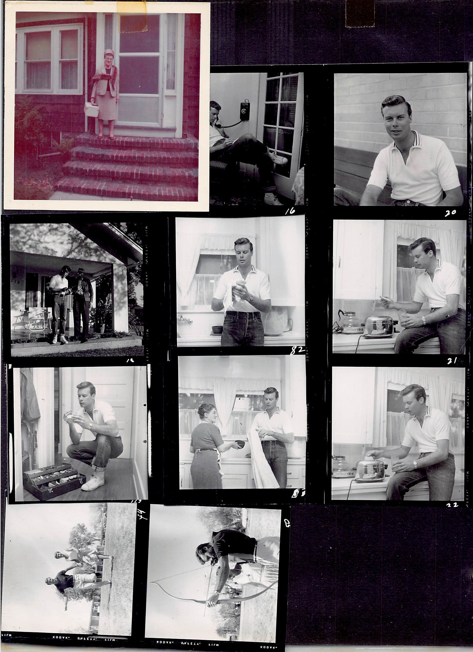  Contact sheet of photos made at 212, c. Jan. 1955. A few, including the color photo of Bob’s mother, were not taken at that time. That candid photo was made a number of years later and not at 212. Photos of Bob with a bow and arrow and an unidentifi