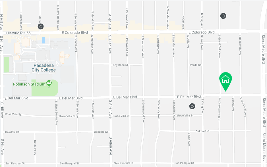  Street map, showing location of 212 S. Grand Oaks Ave., Pasadena, Calif., at corner of Grand Oaks Ave. and Del Mar Blvd. House faces west toward downtown Pasadena. South of Colorado Blvd. 