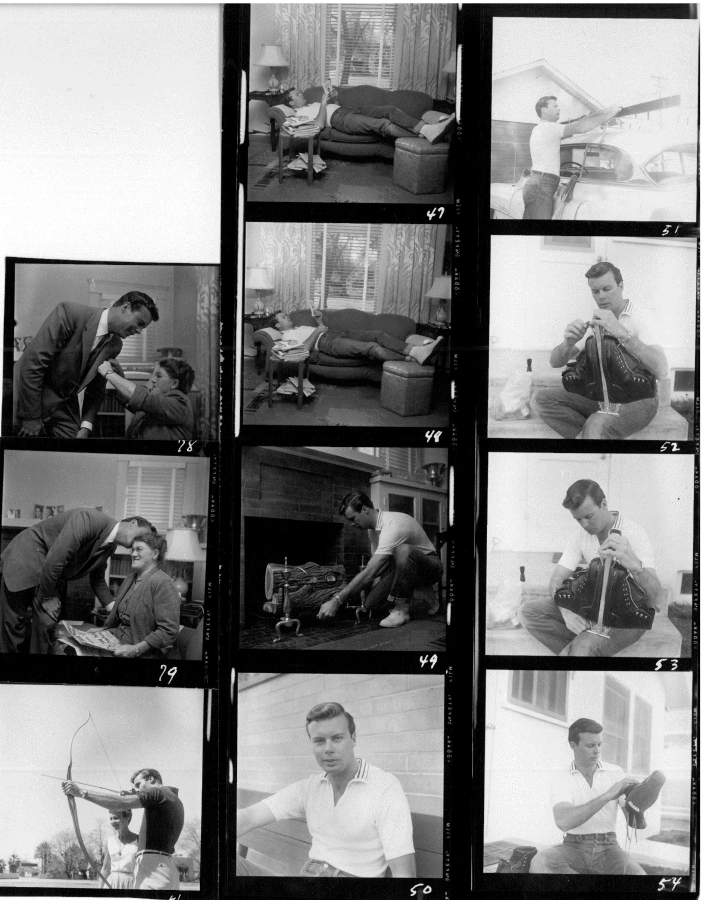  Contact sheet of photos made at 212, c. Jan. 1955.  Photos: Larry Barberi for Globe Photos, New York City. “Weekend with the Folks”/”A Day to Loaf,”  Screenplay , July 1955.  Woman in photos of Bob with bow and arrow unknown. 