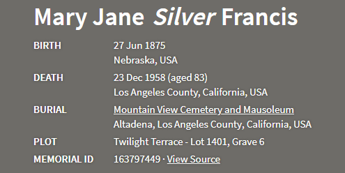  Mary Jane Silver Francis, Bob’s paternal grandmother, was the daughter of Anna Cinderella Botts and John Crawford Silver. 