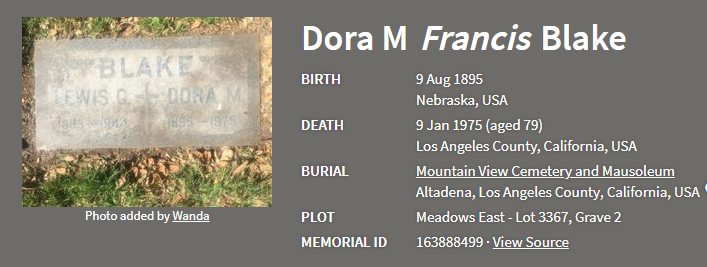   https://www.findagrave.com/   Lillian Warnock worked in the telephone office in Pasadena. There she met Dora May Francis who introduced her to her brother, William James Francis, who would become her husband, July 31, 1914. Her sisters, Annie and M