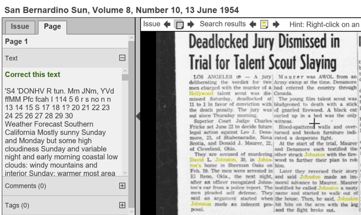  David L. Johnston jury deadlocked   San Bernardino Sun , San Bernardino, Calif., June 13, 1954     