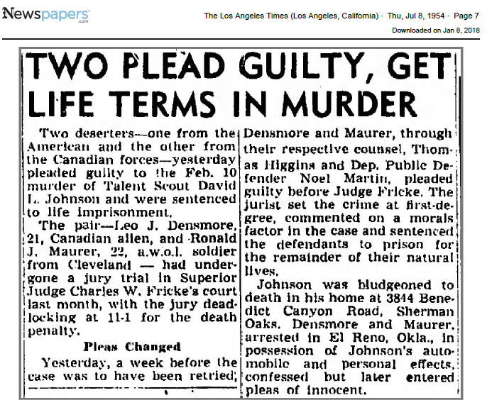  David L. Johnston's killers get life terms   Los Angeles Times , Los Angeles, Calif., July 8, 1954     