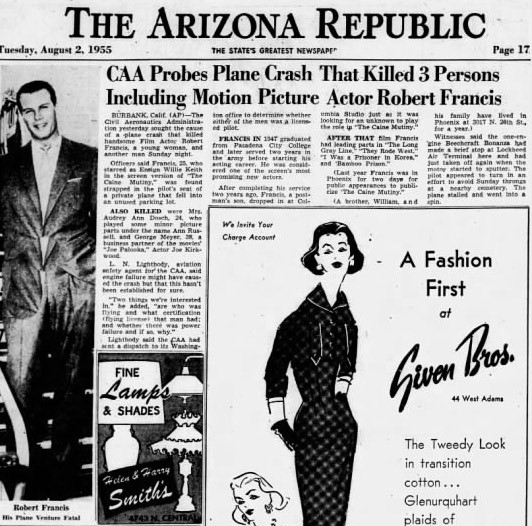   The Arizona Republic , Aug. 2, 1955. Note reference to Bill, and Bob’s trip to Phoenix a year earlier. 