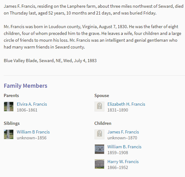  Bob’s great uncle, Harry W. Francis, was one of James Franklin Francis’s sons and the brother of Charles Howe Francis (not listed above as one of the sons). He was the father of Marvyn Bliss Francis who was the father of Gordon Dean Francis. Marvyn 